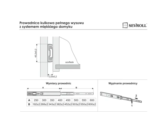 Prowadnica kulkowa z systemem miękkiego domyku, L-450mm Prowadnica kulkowa z systemem miękkiego domyku, L-450mm