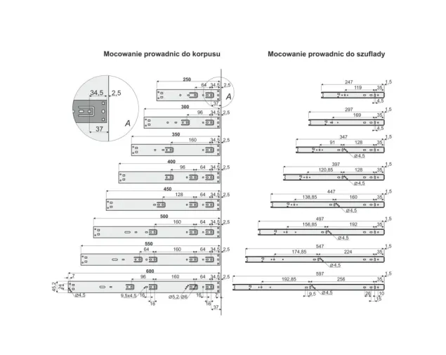 Prowadnica kulkowa z systemem miękkiego domyku, L-550mm Prowadnica kulkowa z systemem miękkiego domyku, L-550mm