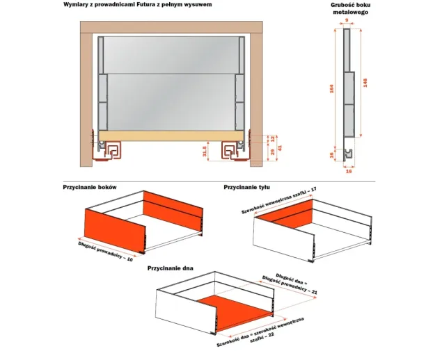 Zestaw - Szuflada TR&Oacute;JŚCIENNA LineaBox, 500mm, wys.180mm, szer. 600mm,Titanium