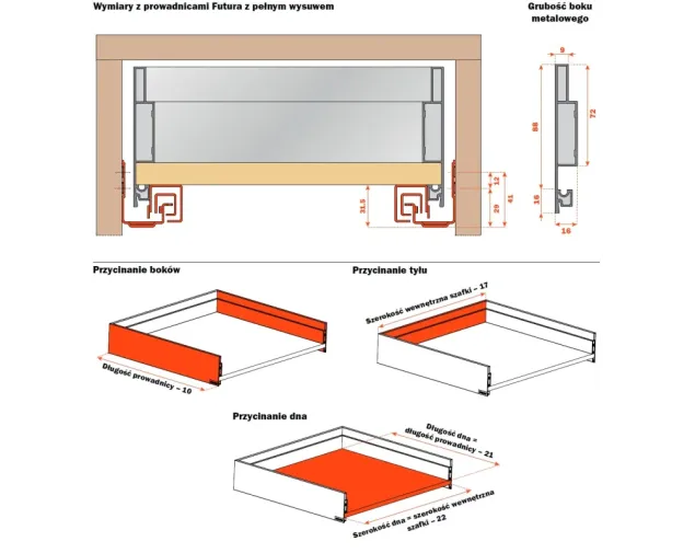 Zestaw - Szuflada TR&Oacute;JŚCIENNA LineaBox, 500mm, wys.104mm, szer. 900mm,Titanium