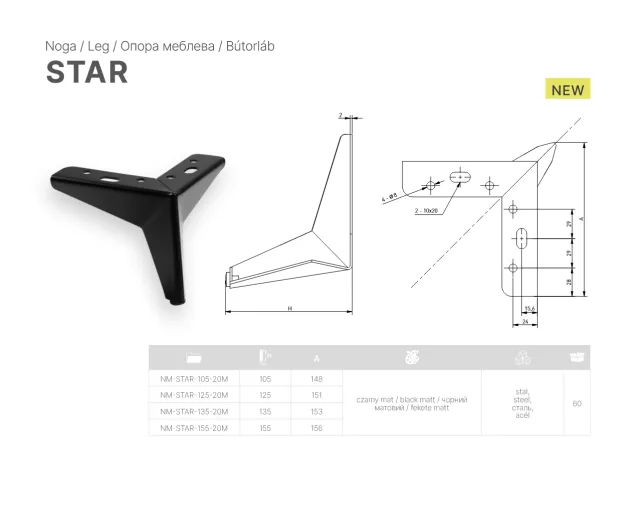 Nóżka meblowa GTV STAR, H-125 mm, stal, czarny mat Nóżka meblowa GTV STAR, H-125 mm, stal, czarny mat