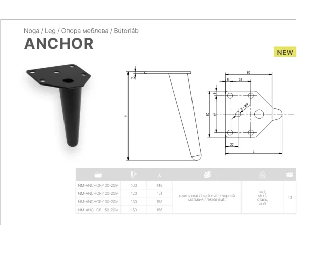 Nóżka meblowa GTV ANCHOR, H-150 mm, stal, czarny mat Nóżka meblowa GTV ANCHOR, H-150 mm, stal, czarny mat