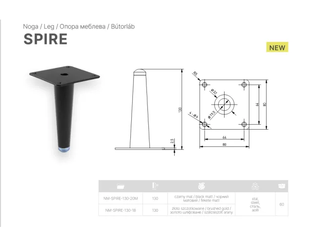 Nóżka meblowa GTV SPIRE, H-130 mm, stal, czarny mat Nóżka meblowa GTV SPIRE, H-130 mm, stal, czarny mat