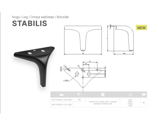 Nóżka meblowa GTV STABILIS, H-120 mm, stal, czarny mat Nóżka meblowa GTV STABILIS, H-120 mm, stal, czarny mat