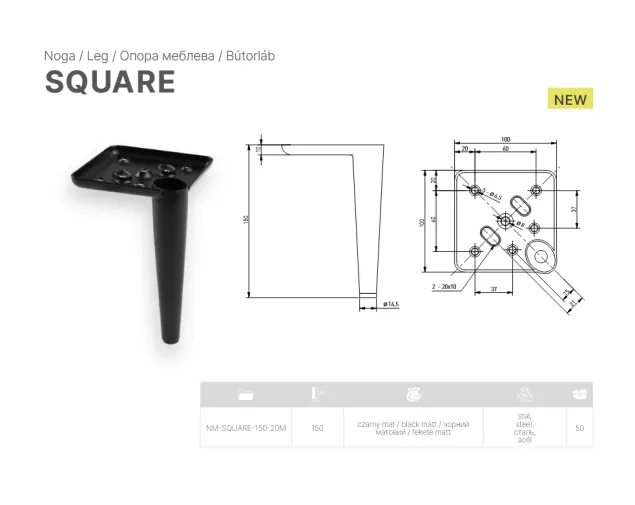 Nóżka meblowa GTV SQUARE, H-150 mm, stal, czarny mat Nóżka meblowa GTV SQUARE, H-150 mm, stal, czarny mat