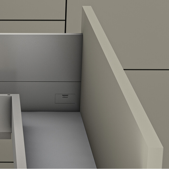 Zaślepka wewnętrzna do szuflady MERIVOBOX, symetryczna z pogłębionym logo BLUM, szara
